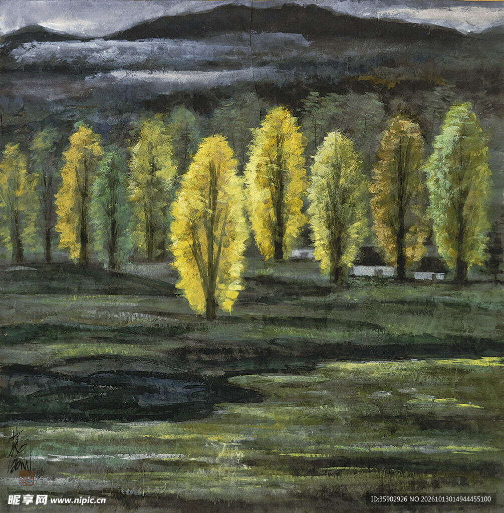 郊野秋树风景油画
