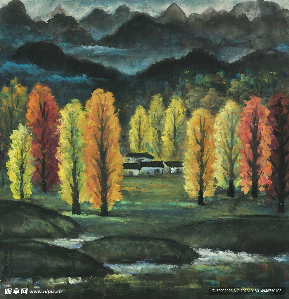 秋林乡居风景油画