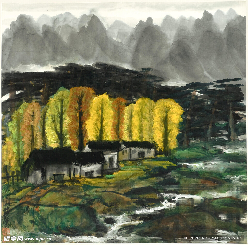 乡村秋景水墨国画