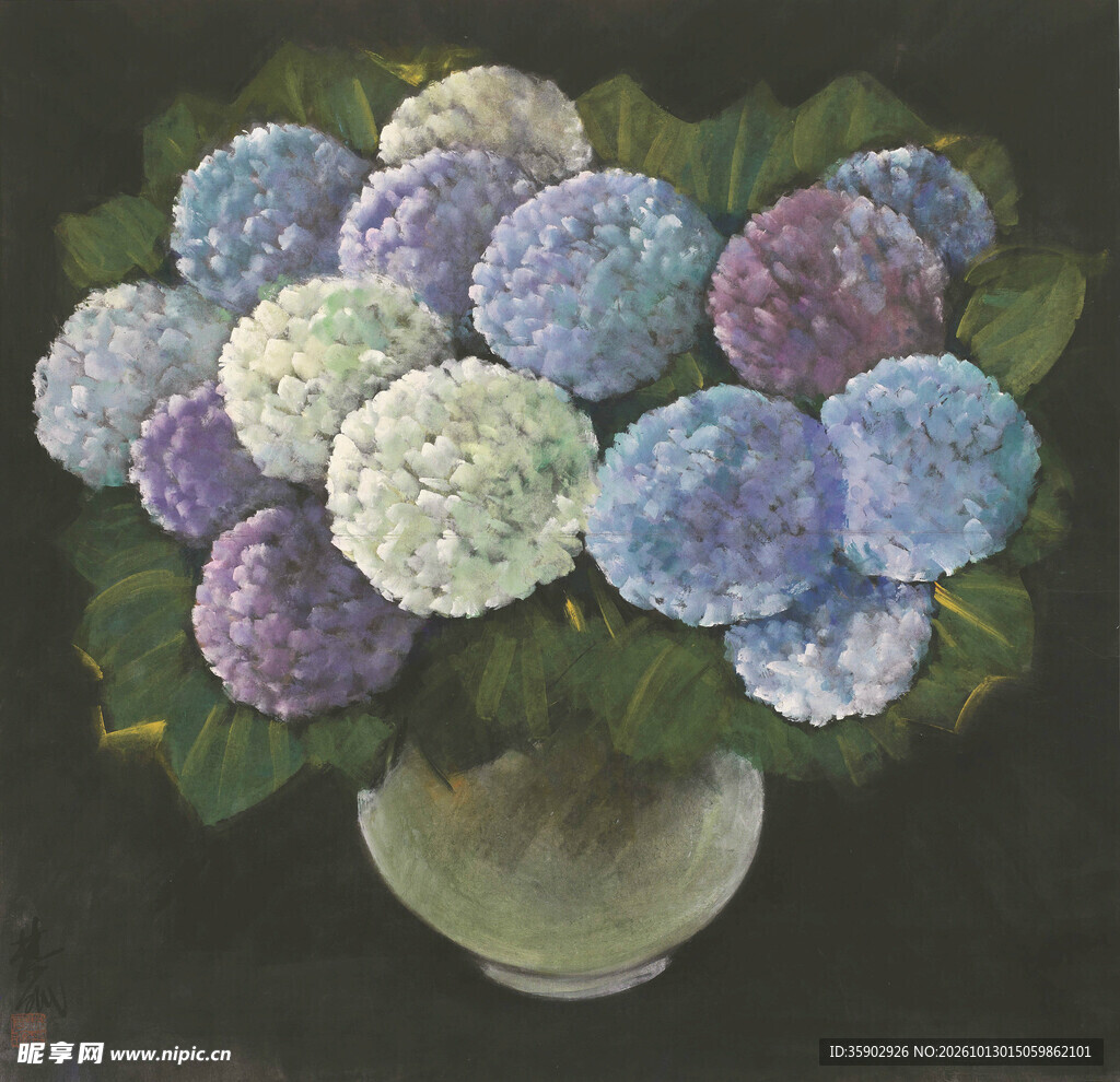 绣球花束静物油画