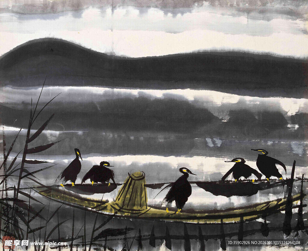 水乡渔舟鸬鹚水墨画