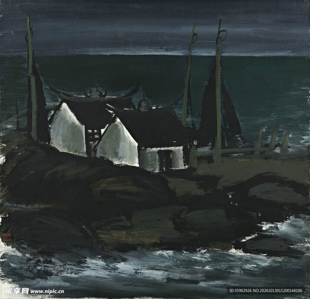 暗夜海边小屋风景