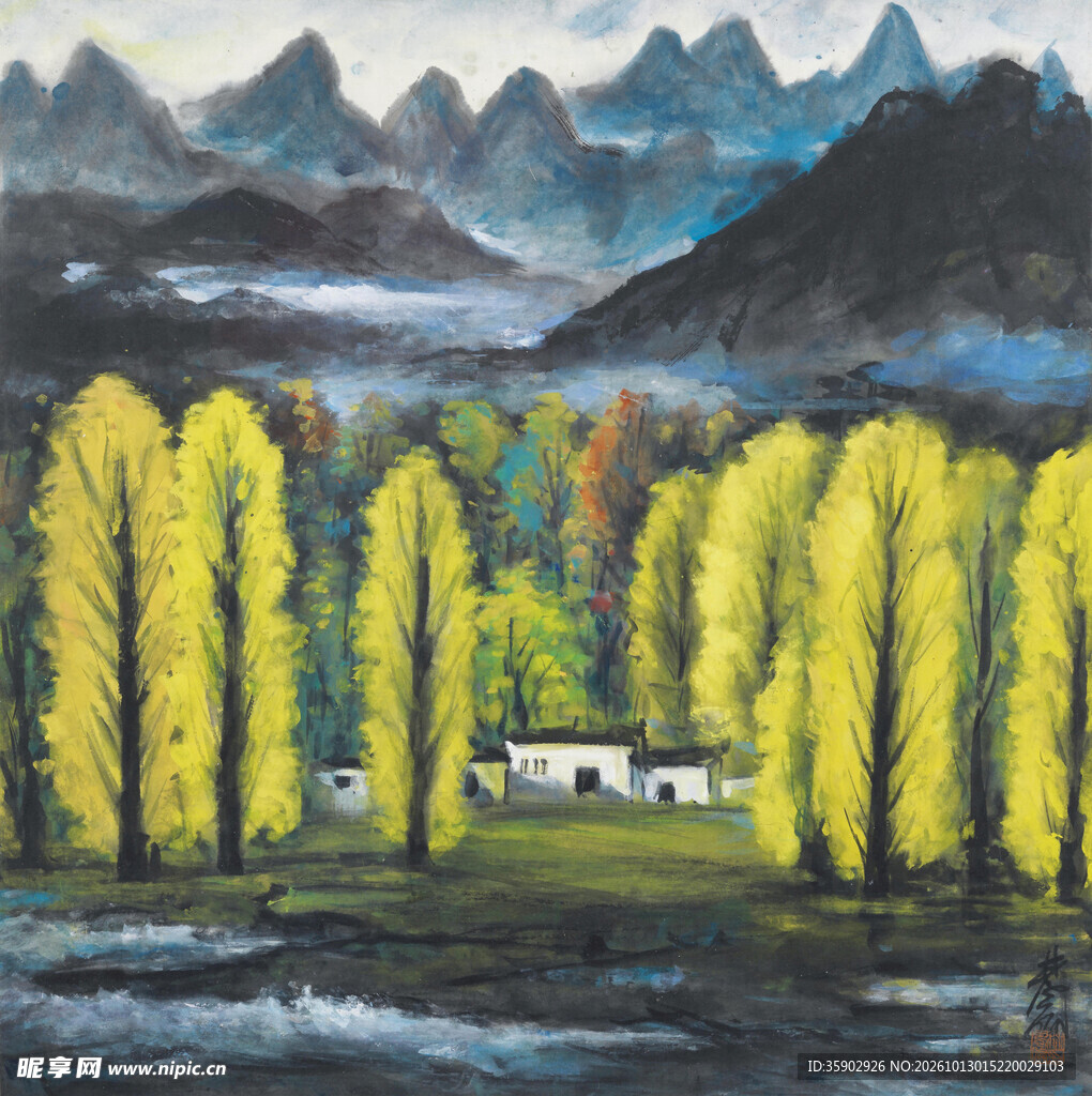 乡野秋景山水油画