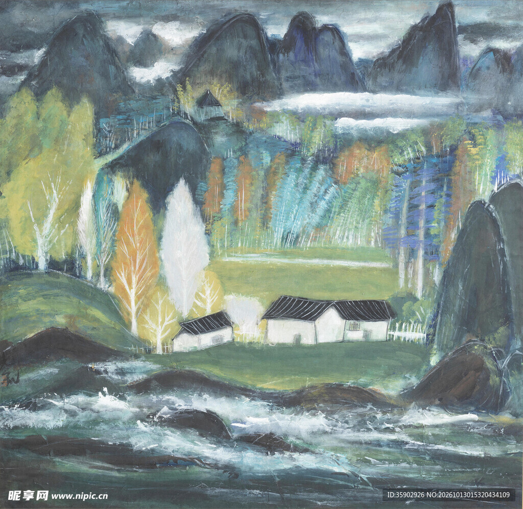 乡野山居风景油画