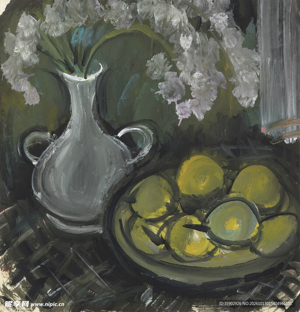 瓶花与果盘静物油画