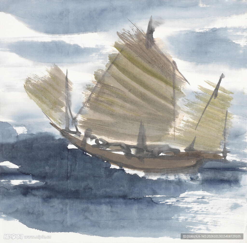 海上中式古帆船水彩画