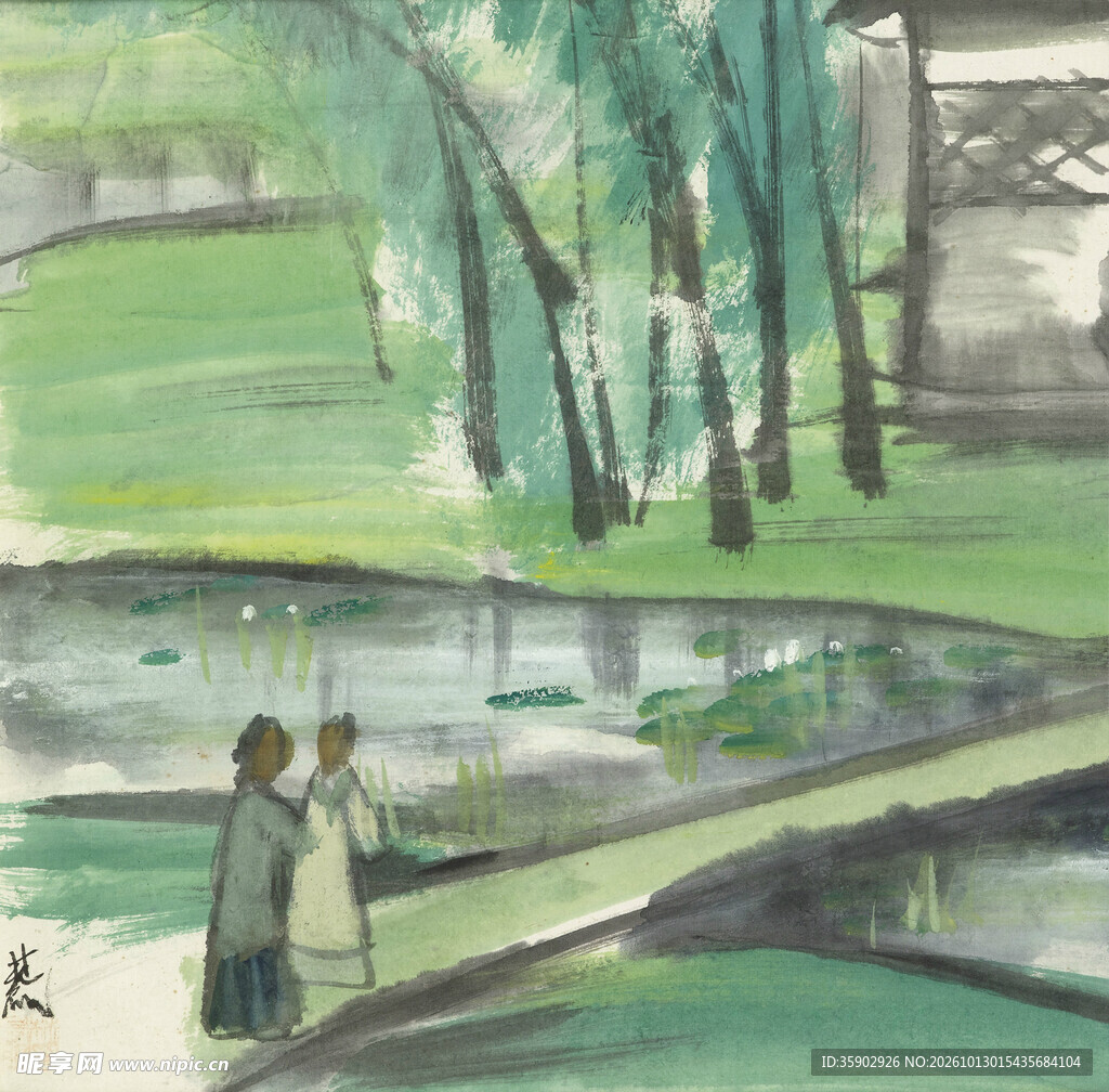 春日湖畔闲步水墨画