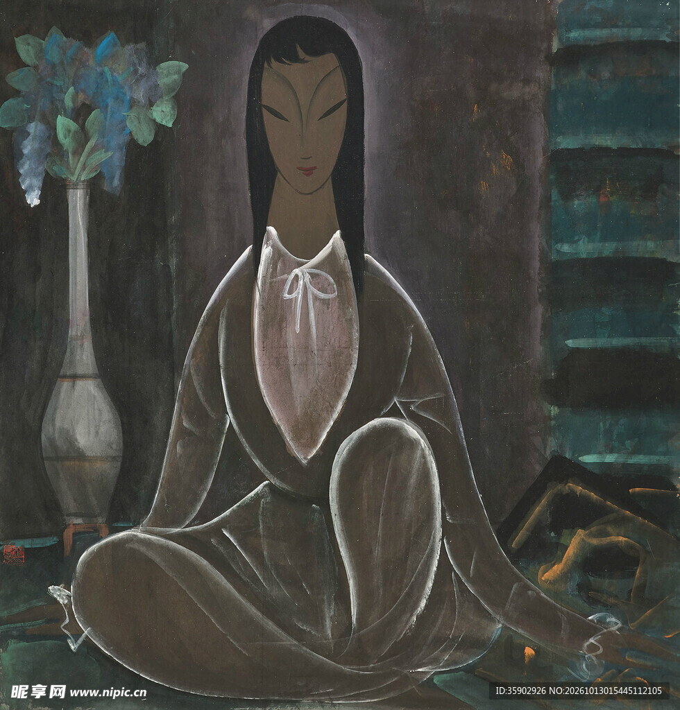 静坐仕女写意国画