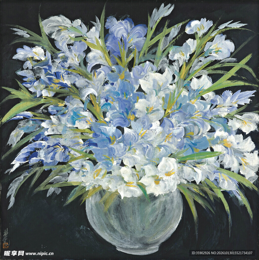瓶中蓝白花卉装饰画