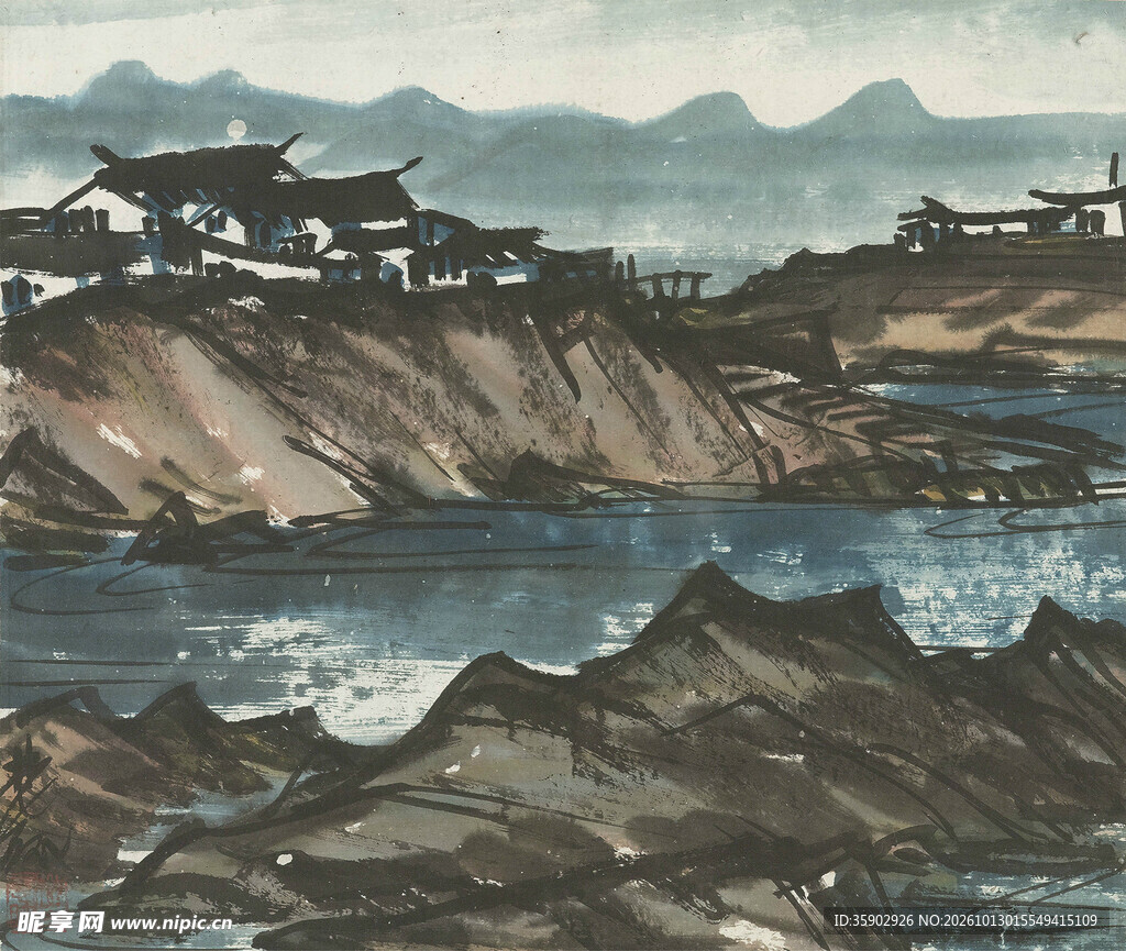 湖畔古村水墨山水图