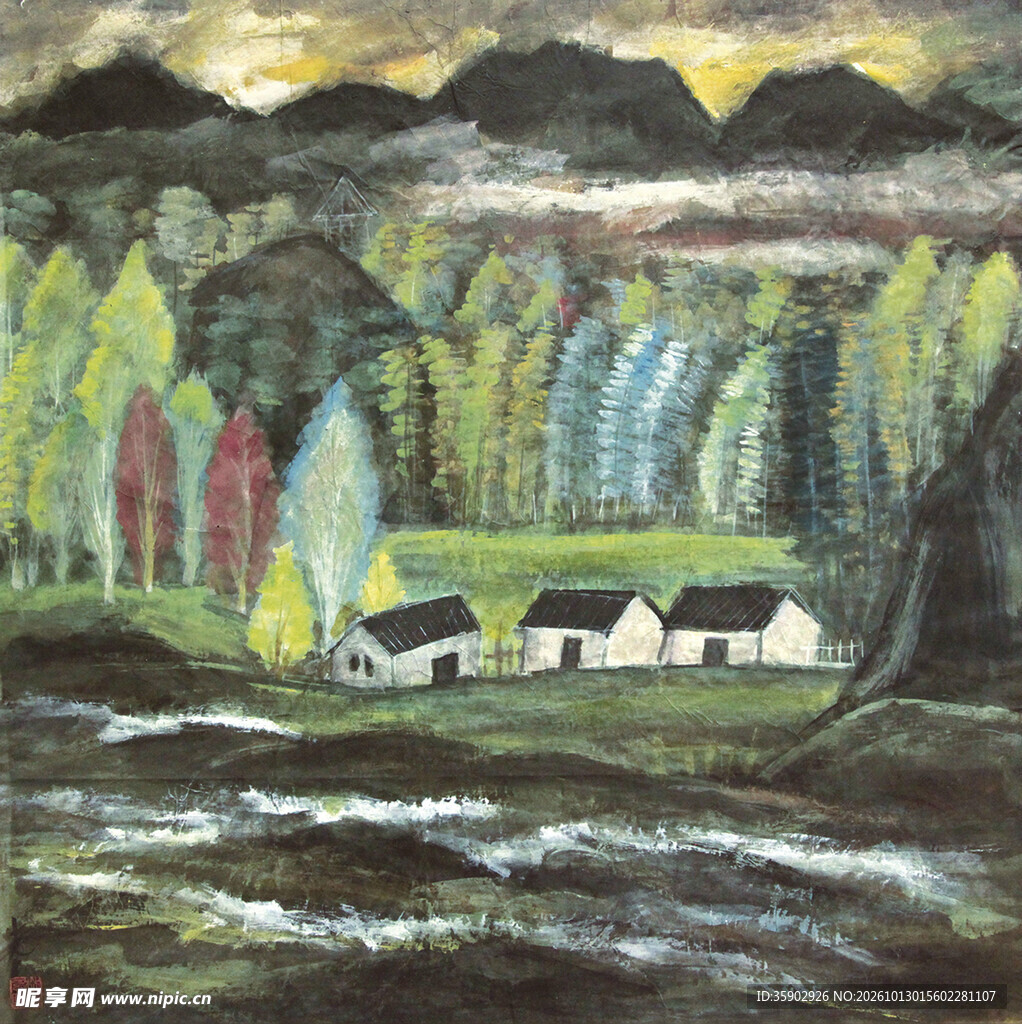 乡居山水风景油画