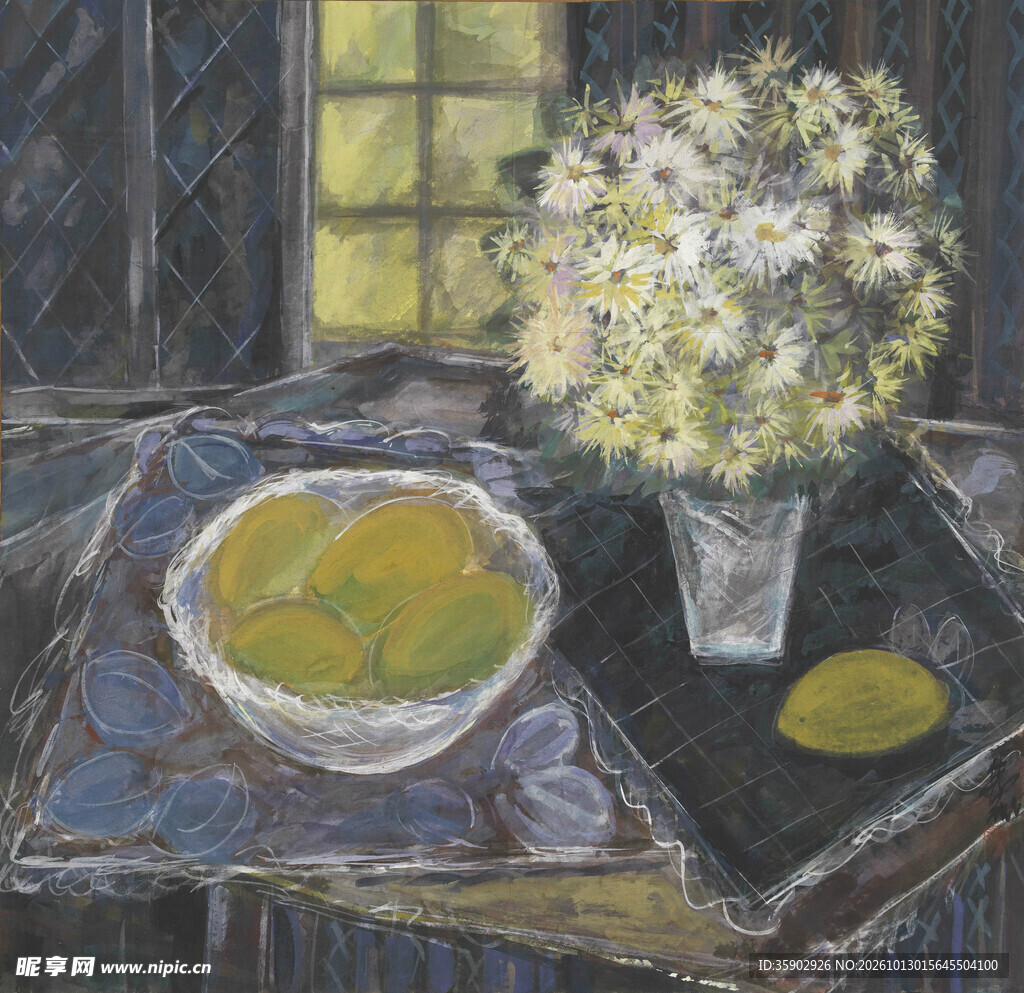 窗边花卉水果静物油画