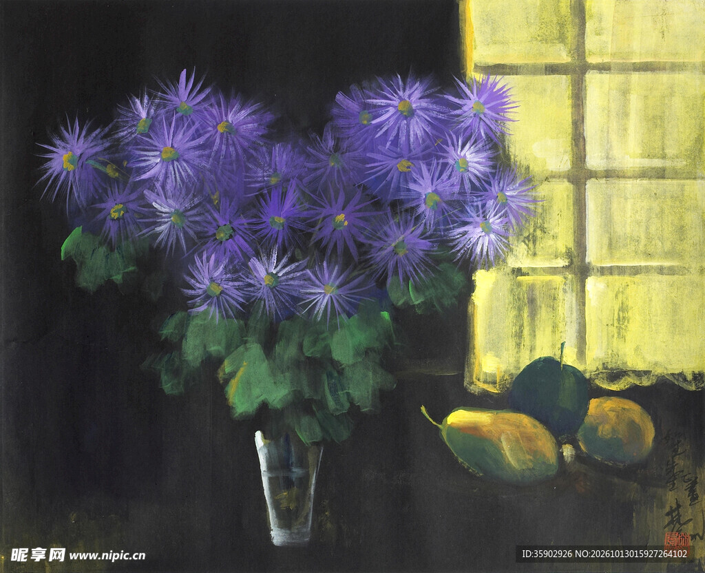 窗边紫花静物画