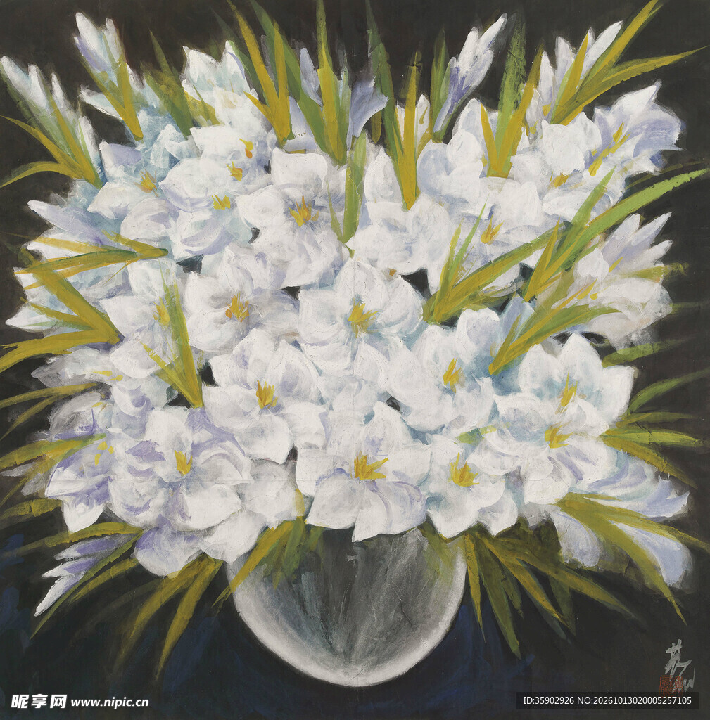 瓶中白水仙静物画