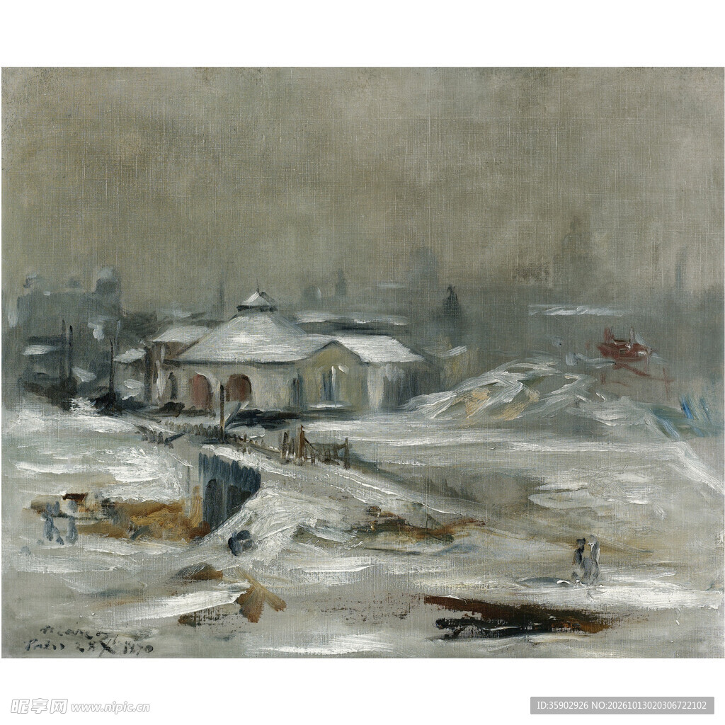 冬日雪景建筑油画