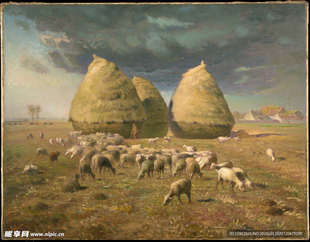 草垛羊群田园风景油画