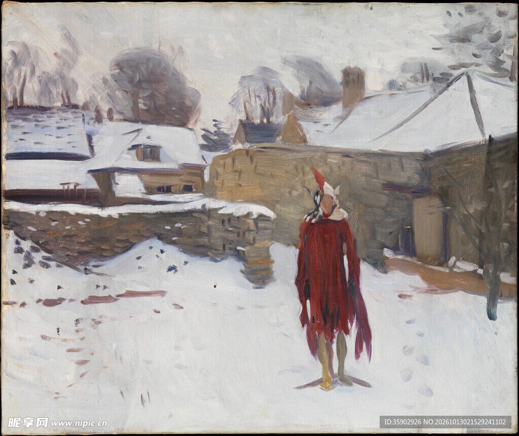 冬日乡村雪景人物油画