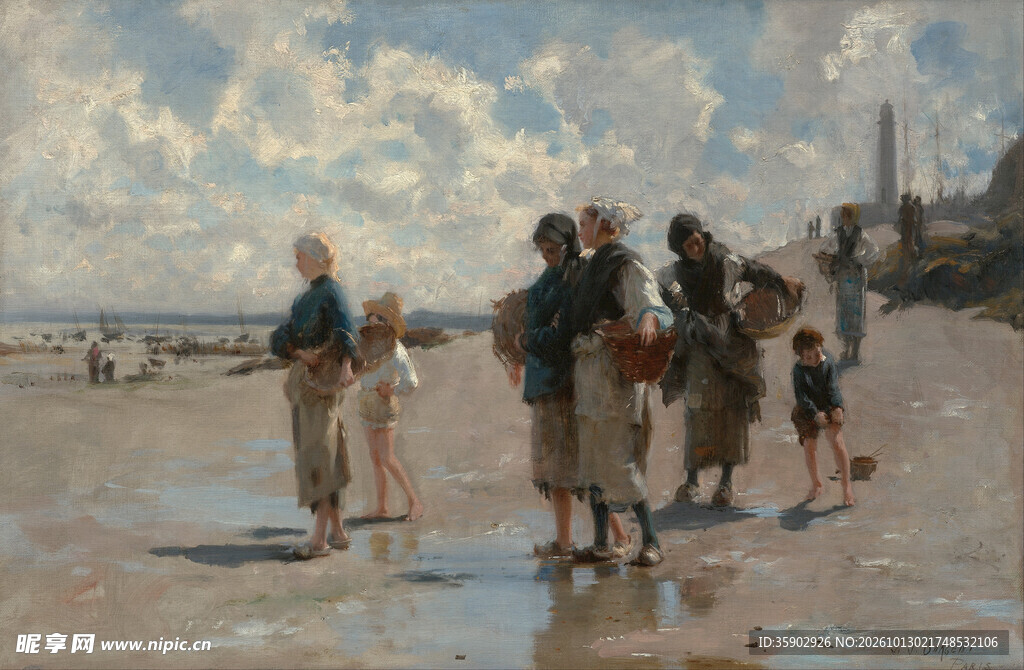 海滩漫步人物油画