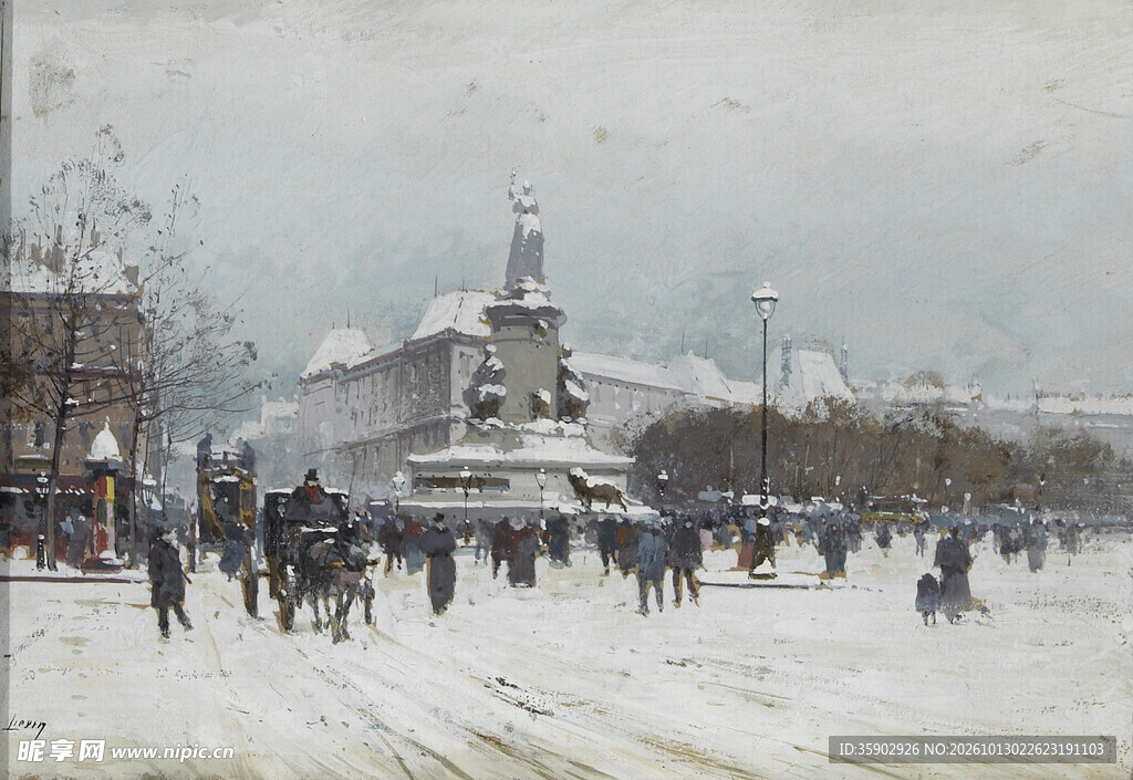 冬日广场雪景油画