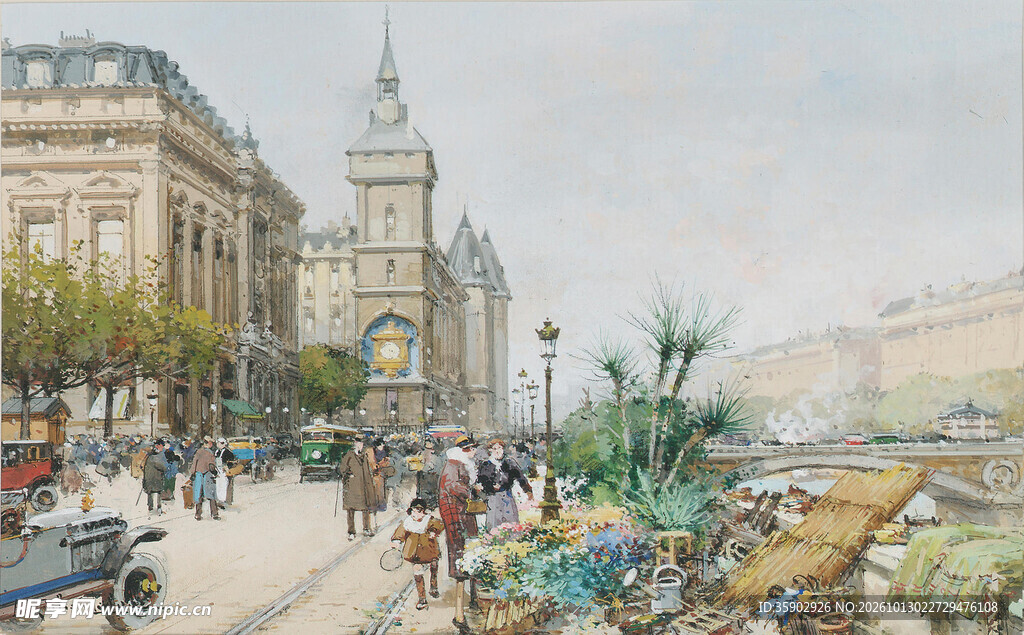 欧式河畔街景水彩画