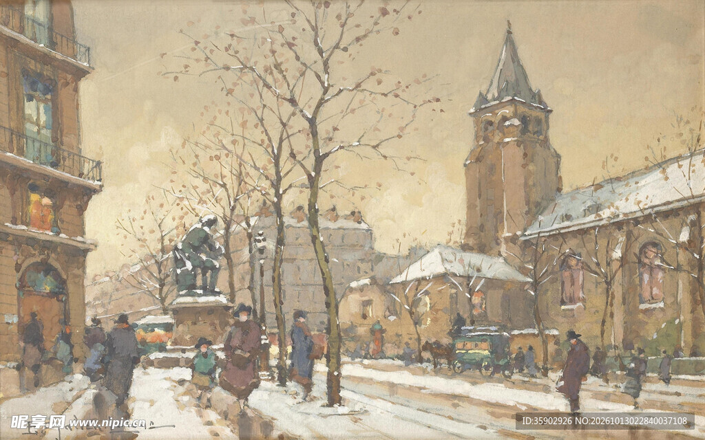 雪后欧洲老城街景油画