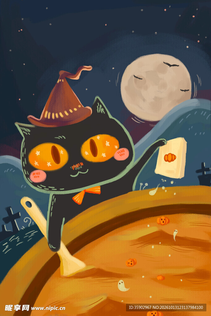 万圣节黑猫月夜熬汤