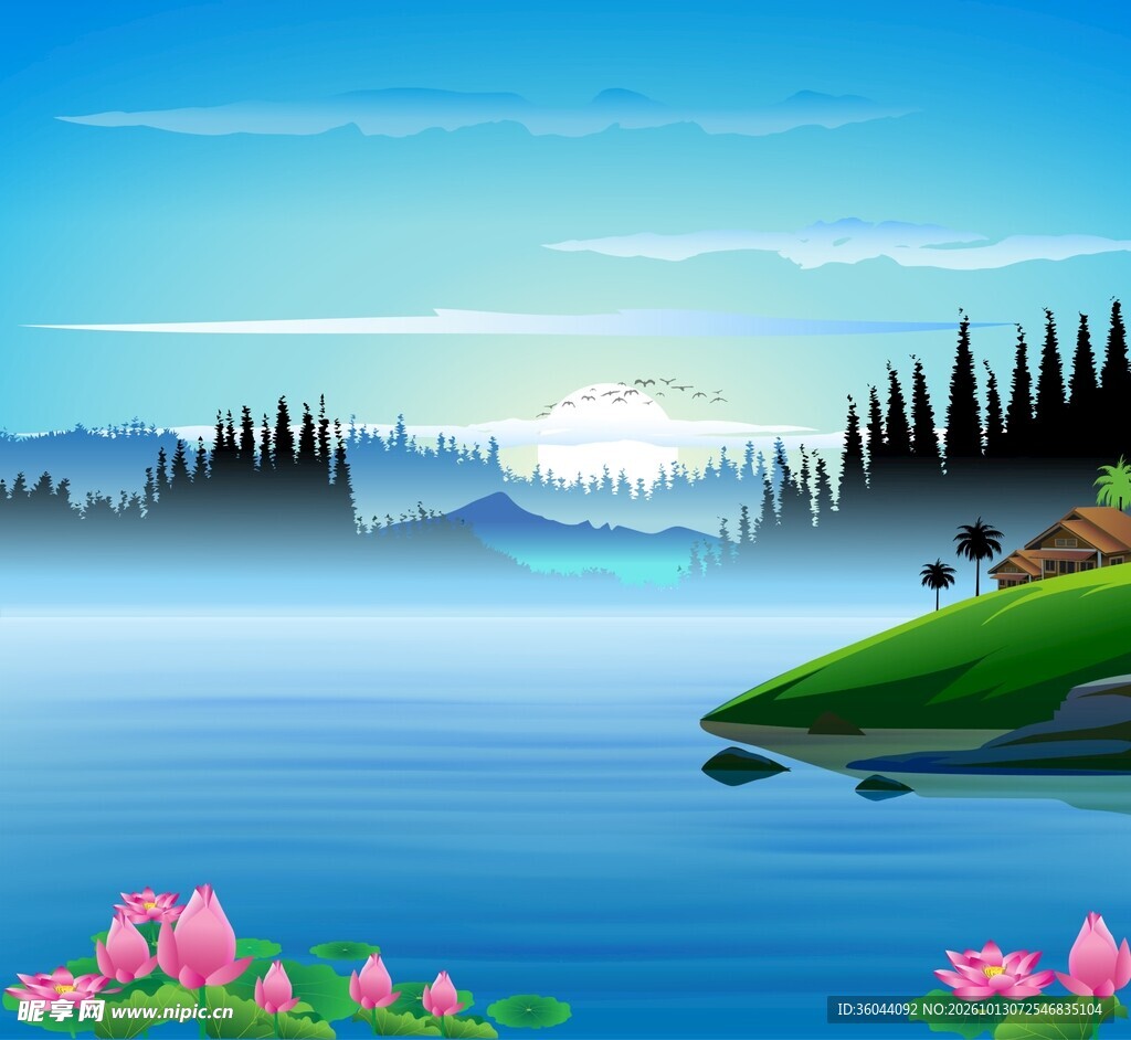 湖畔风景插画