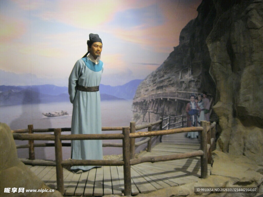 古代文人江边观景蜡像