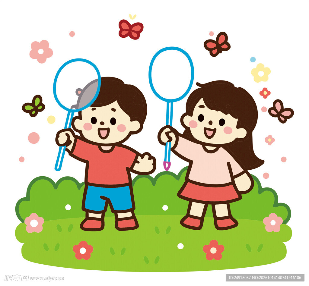 孩童户外捕蝶郊游卡通插画