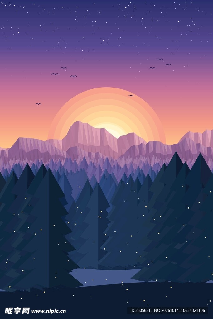 山林夜景插画