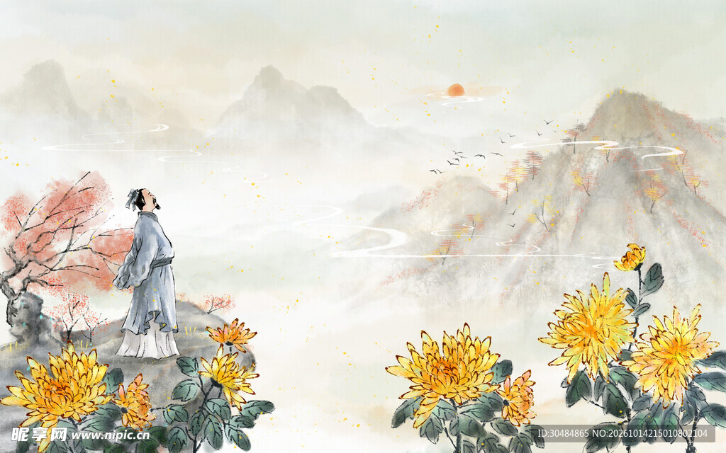 古风重阳节水墨插画