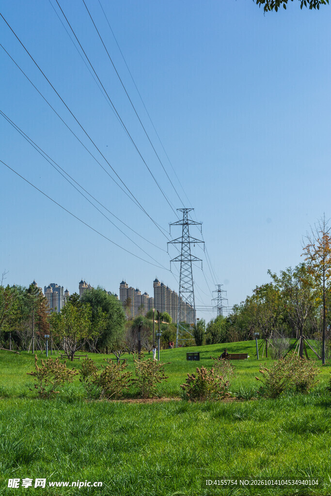 公园绿地输电塔远景