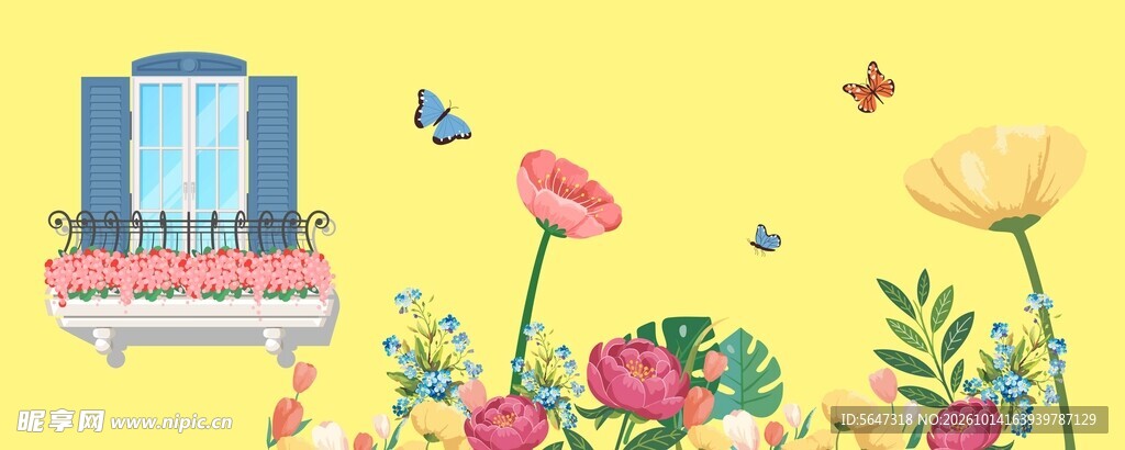 春日花丛小景插画打卡墙