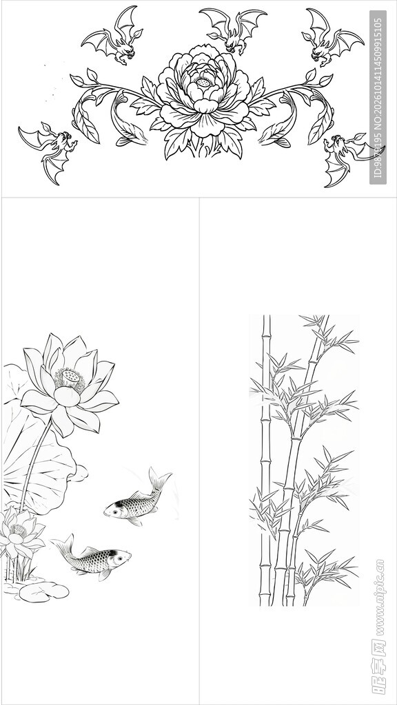 手绘线描国风植物纹样