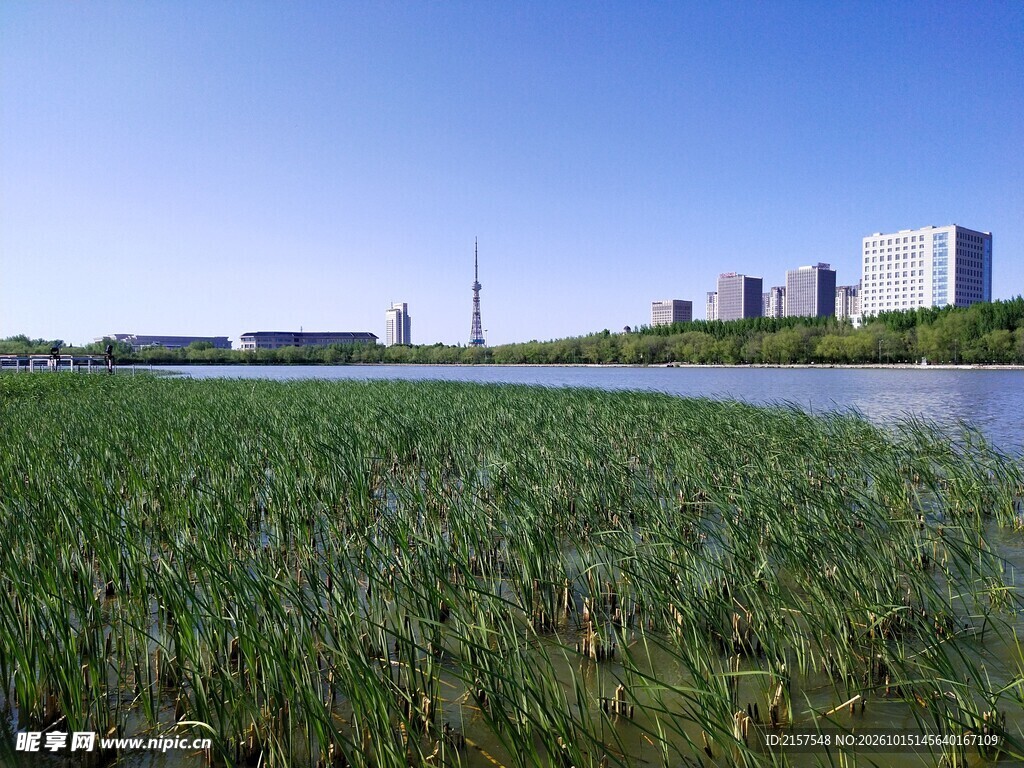 大庆时代广场河畔城市晴日风光