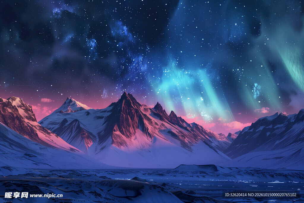 雪山极光梦幻夜景