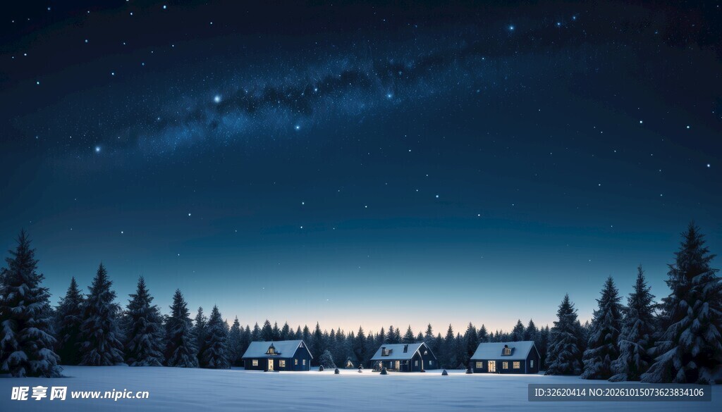 雪夜乡村星空夜景
