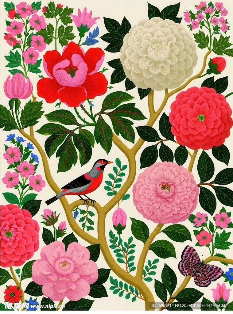 繁花栖鸟民俗装饰画