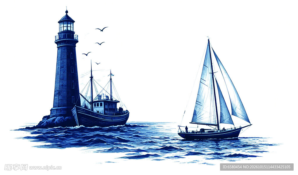 海岸灯塔与航行帆船