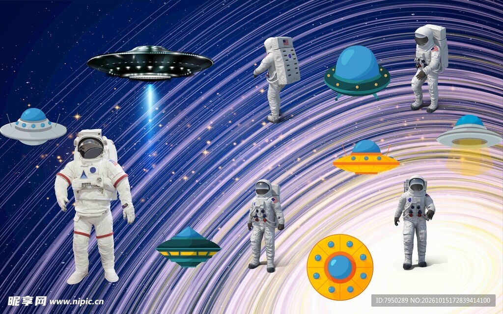 太空宇航员与飞碟科幻场景