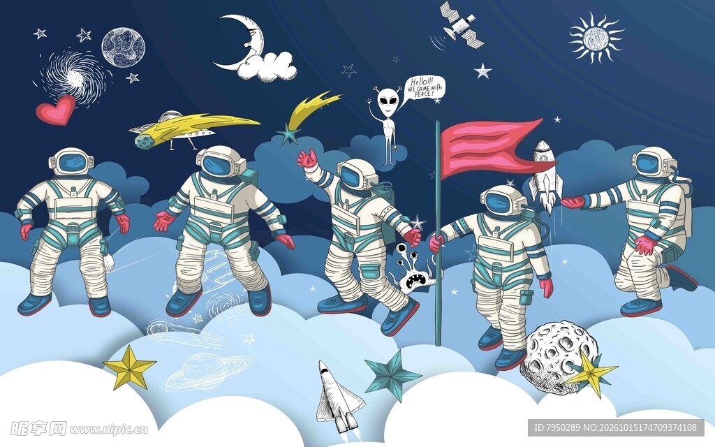 宇航员太空漫步卡通插画