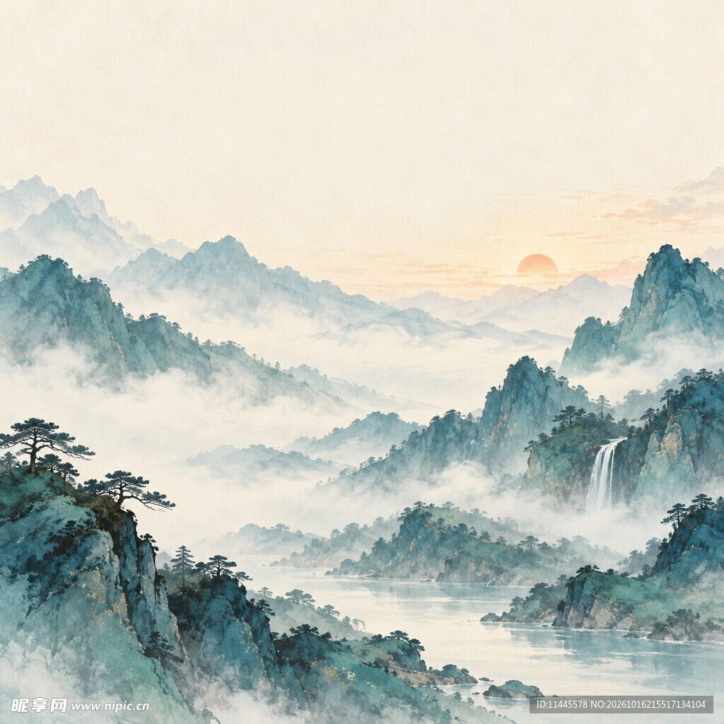 青绿山水云雾意境背景