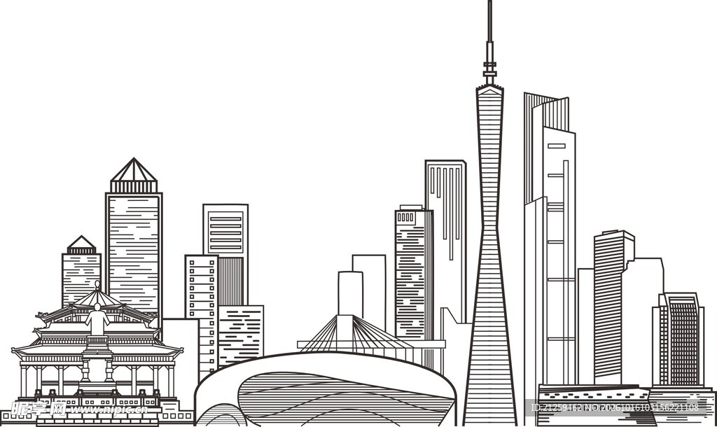 手绘简约广州城市地标建筑元素