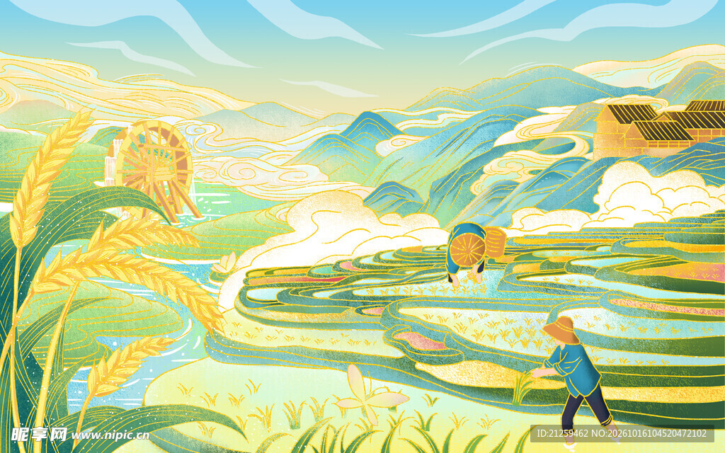 国潮芒种节气古风卡通手绘插画