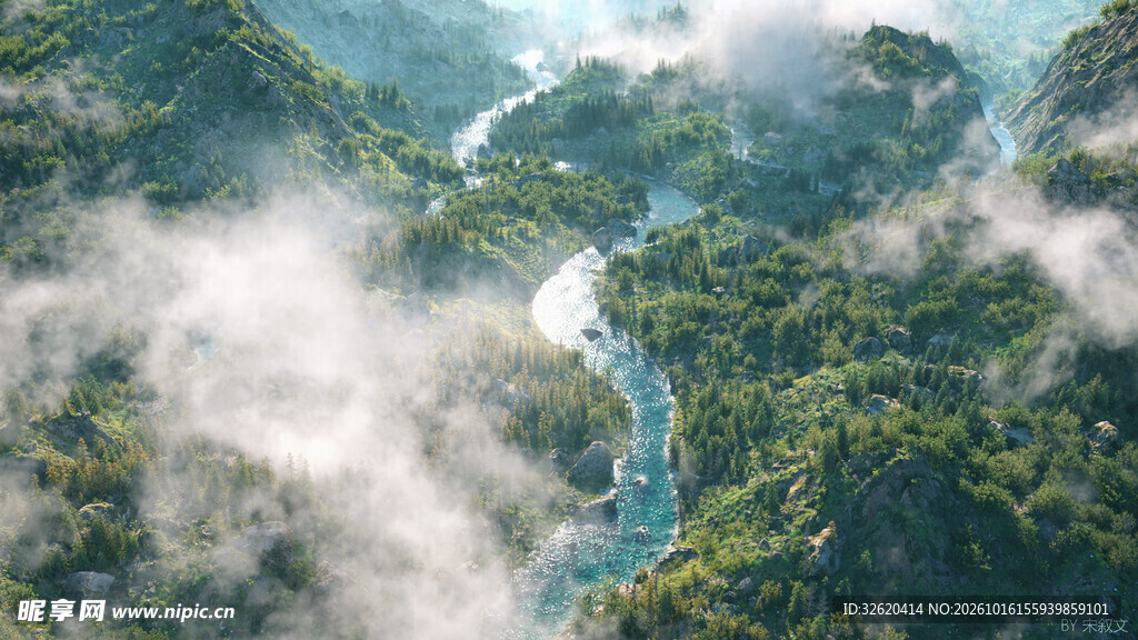 云雾青山河谷风光