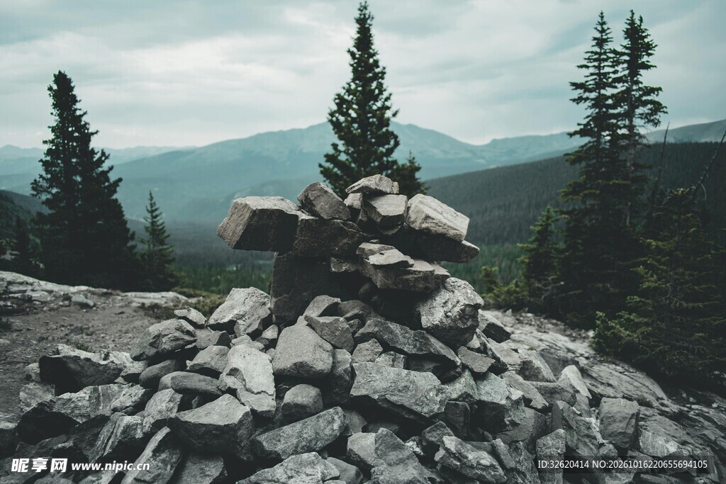 山间石堆松林景观
