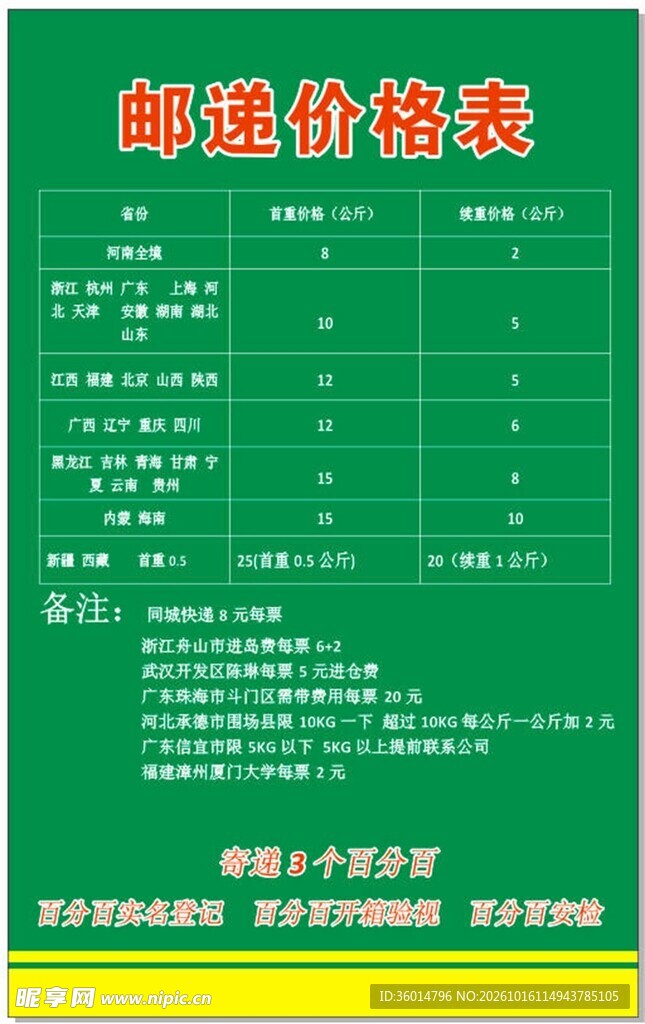 快递价目表