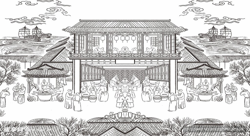 中式古典宫殿建筑线稿