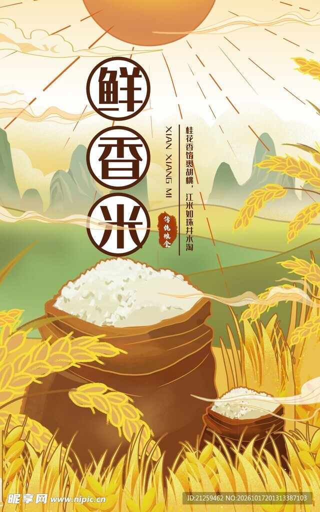 鲜香米稻田国风宣传插画
