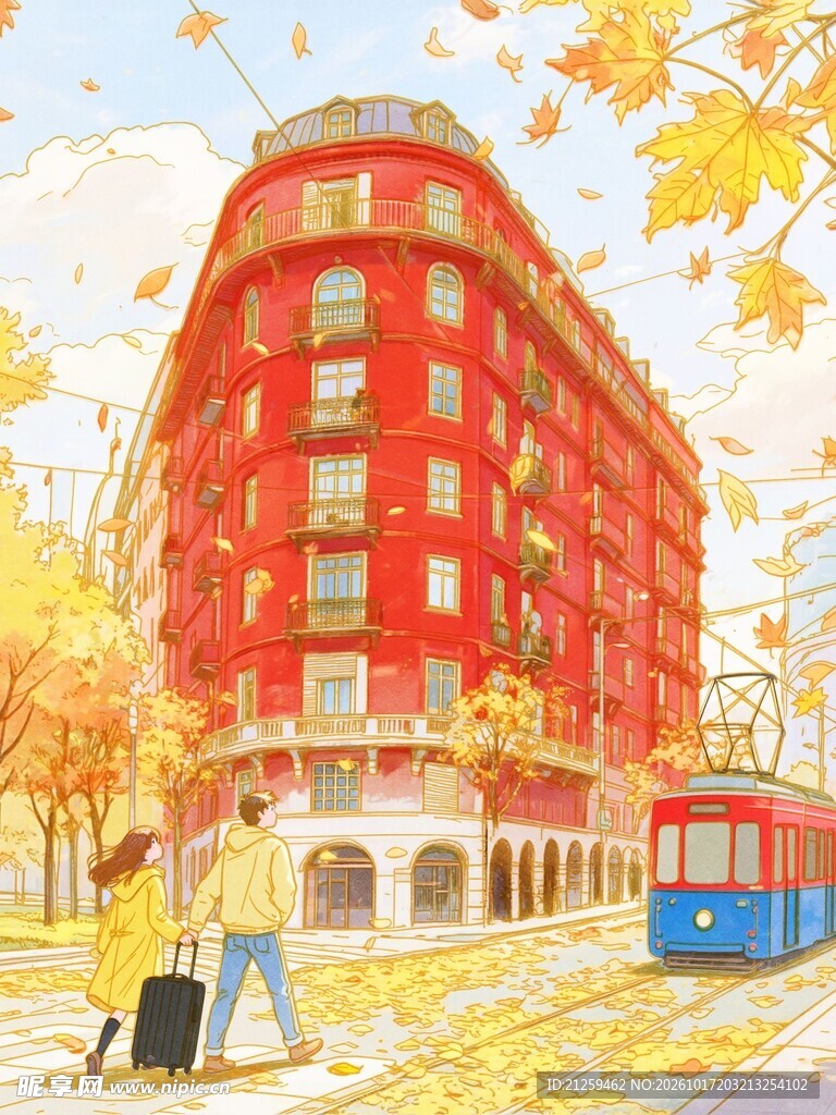 手绘秋季上海武康大楼地标插画